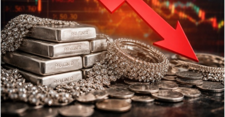 चांदी के सिक्के और आभूषण के साथ चांदी का भाव दर्शाता दृश्य